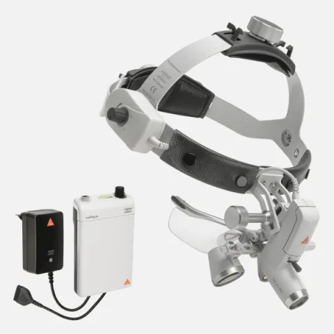 HEINE ML4 LED headlight, HR 2.5x / 340 mm binocular loupe with S-GUARD protection, mPack battery, mains adapter. Set 1.