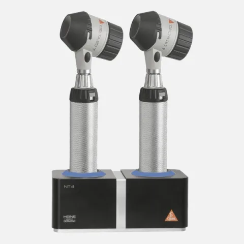 Two HEINE DELTA 20 T dermatoscopes, two rechargeable handles BETA4 NT, NT4 desktop charger