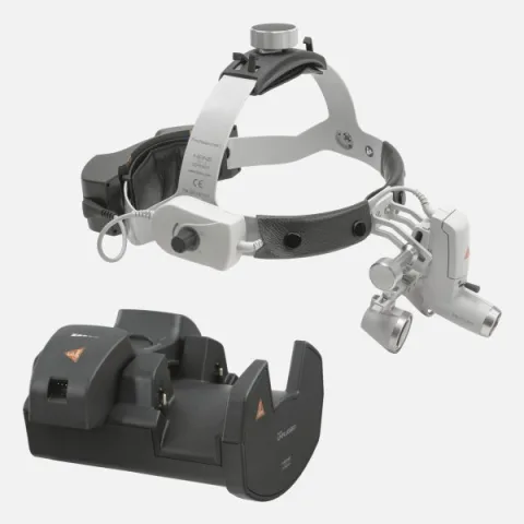 HEINE ML4 LED headlight, HR 2.5x / 420 mm binocular loupe without S-GUARD protection, wall charger EN 50 UNPLUGGED, 2 mPack UNPLUGGED charging units. Set 7c.