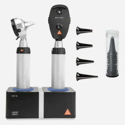 HEINE BETA 400 F.O. otoscope 3.5 V, BETA 200 direct ophthalmoscope 3.5 V, 2 rechargeable handles BETA4 NT, NT4 desktop charger, specula