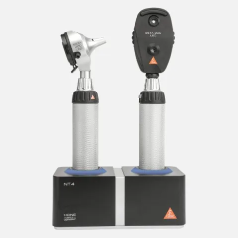 HEINE BETA 400 F.O. LED Otoscope 3.5 V with BETA 200 Direct LED Ophthalmoscope 3.5 V, two BETA 4 NT Rechargeable Handles, NT 4 Desktop Charger and Specula