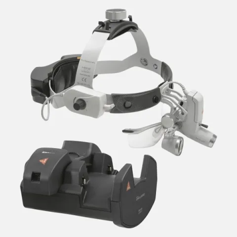 HEINE ML4 LED headlight, HR 2.5x / 520 mm binocular loupe with S-GUARD protection, wall charger EN 50 UNPLUGGED, 2 mPack UNPLUGGED charging units. Set 12.