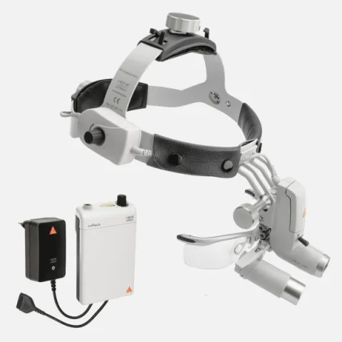 HEINE ML4 LED headlight, HRP 6x / 340 mm binocular loupe with S-GUARD protection, mPack battery, mains adapter. Set 5.