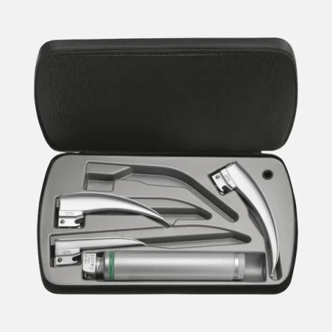 Laryngoscopy set: HEINE Paed 1, Mac 2, Mac 3 blades, Standard F.O. LED battery handle, zippered case.