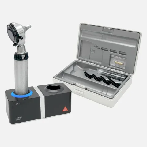HEINE BETA 400 F.O. otoscope 3.5 V, rechargeable handle BETA4 NT, NT4 desktop charger, specula, case