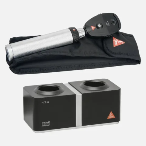 HEINE K 180 Direct Ophthalmoscope LED 3.5 V with Aperture Wheel 2, BETA 4 NT Rechargeable Handle, NT 4 Desktop Charger and Soft Case