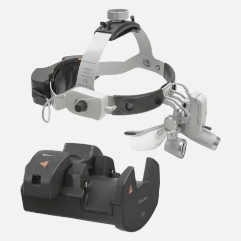 HEINE ML4 LED headlight, HR 2.5x / 340 mm binocular loupe with S-GUARD protection, wall charger EN 50 UNPLUGGED, 2 mPack UNPLUGGED charging units. Set 6.