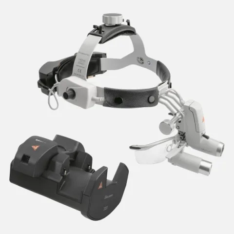 HEINE ML4 LED headlight, HRP 6x / 340 mm binocular loupe with S-GUARD protection, wall charger EN 50 UNPLUGGED, 2 mPack UNPLUGGED charging units. Set 10.