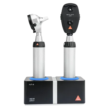 HEINE BETA 200 F.O. LED Otoscope 3.5 V with BETA 200 Direct LED Ophthalmoscope 3.5 V, two BETA 4 NT Rechargeable Handles and NT 4 Desktop Charger