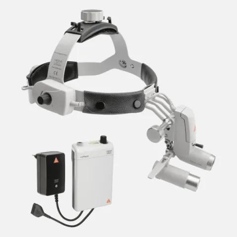 HEINE ML4 LED headlight, HRP 6x / 340 mm binocular loupe without S-GUARD protection, mPack battery, mains adapter. Set 5c.