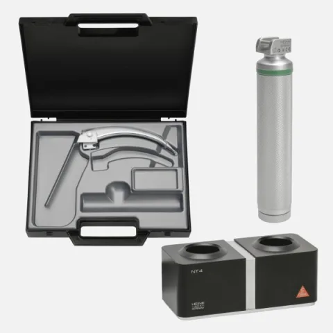 HEINE Laryngoscope Set: FlexTip+ 3 & FlexTip+ 4 Blades, Standard F.O.4 LED NT Rechargeable Handle, NT4 Table Charger, Case