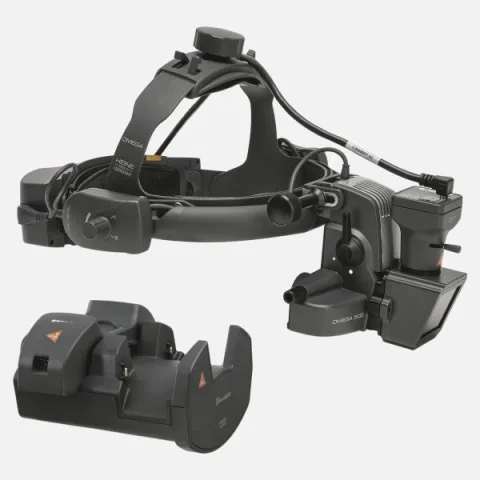 HEINE Omega 500-LED Indirect Ophthalmoscope with DV1 Digital Video Camera with Headband, EN 50 UNPLUGGED Wall-Mounted Charger and two mPack UNPLUGGED Charging Blocks (LiPOL)