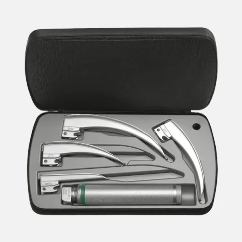 Laryngoscopy set: HEINE Paed 1, Mac 2, Mac 3, Mac 4 blades, Standard F.O. LED battery handle, zippered case.