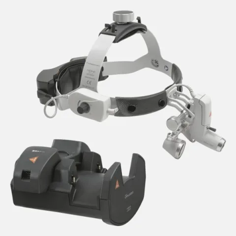 HEINE ML4 LED headlight, HR 2.5x / 340 mm binocular loupe without S-GUARD protection, wall charger EN 50 UNPLUGGED, 2 mPack UNPLUGGED charging units. Set 6c.