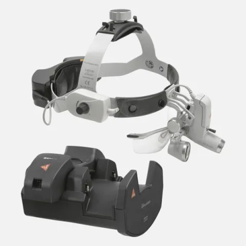 HEINE ML4 LED headlight, HR 2.5x / 420 mm binocular loupe with S-GUARD protection, wall charger EN 50 UNPLUGGED, 2 mPack UNPLUGGED charging units. Set 7.