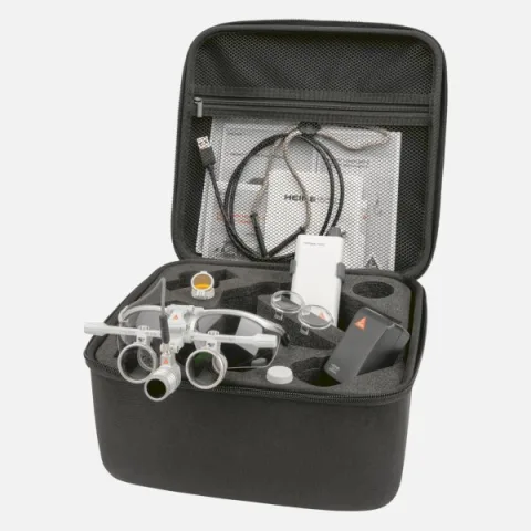 HEINE LoupeLight LED headlight, HR 2.5x binocular loupe on S-FRAME spectacle frame