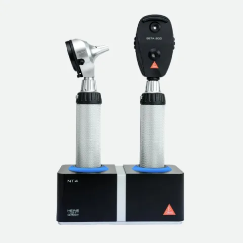 HEINE BETA 200 F.O. otoscope 3.5 V, BETA 200 direct ophthalmoscope 3.5 V, 2 rechargeable handles BETA4 NT, NT4 desktop charger, specula