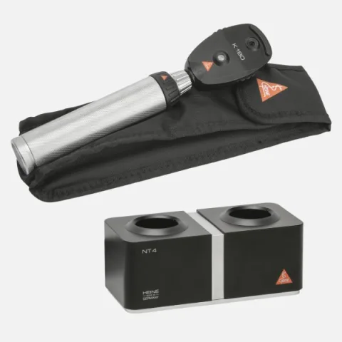 HEINE K180 direct ophthalmoscope 3.5 V with aperture wheel 2, rechargeable handle BETA4 NT, NT4 desktop charger, soft case.