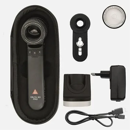 HEINE DELTA 30 PRO LED dermatoscope with contact plate with scale, E4-USBC power supply with cable, small contact plate, Charger 30 desktop charger, universal MAG smartphone adapter, case