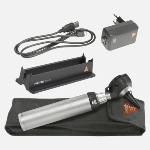HEINE K 180 F.O. otoscope 3.5 V, rechargeable handle BETA4 USB, specula, soft case