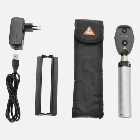 HEINE K180 direct ophthalmoscope 3.5 V with aperture wheel 1, rechargeable handle BETA4 USB, soft case.