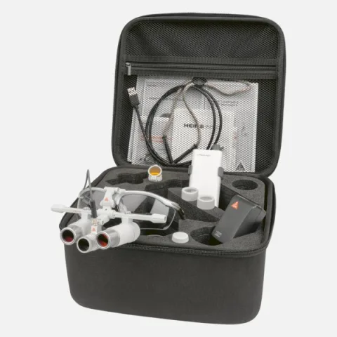 HEINE LoupeLight headlight with HRP 3.5x/4x/6x binocular loupes on S-FRAME spectacle frame