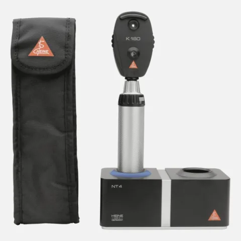 HEINE K180 direct ophthalmoscope 3.5 V with aperture wheel 1, rechargeable handle BETA4 NT, NT4 desktop charger, soft case.