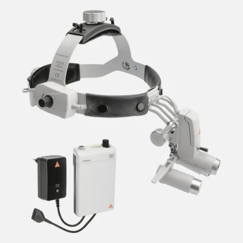 HEINE ML4 LED headlight, HRP 3.5x / 420 mm binocular loupe without S-GUARD protection, mPack battery, mains adapter. Set 3c.