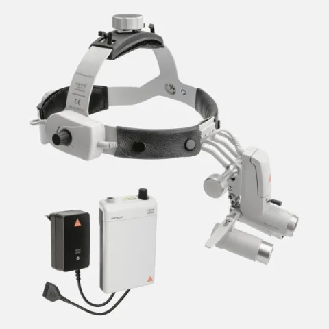 HEINE ML4 LED headlight, HRP 4x / 340 mm binocular loupe without S-GUARD protection, mPack battery, mains adapter. Set 4c.