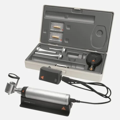 HEINE G100 3.5 V slit illumination head, BETA 200 3.5 V ophthalmoscope, rechargeable handle BETA4 USB, specula, case.