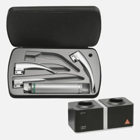 Laryngoscopy set: HEINE Paed 1, Mac 2, Mac 3 blades, Standard F.O.4 LED NT rechargeable handle, NT4 desktop charger, zippered case.