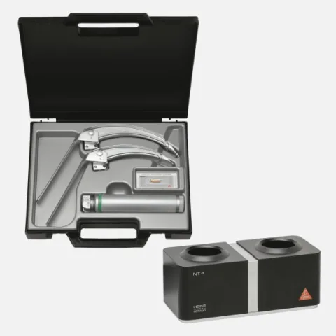 HEINE Laryngoscope Set: FlexTip+ 3 & FlexTip+ 4 Blades, Standard F.O.4 NT Rechargeable Handle, NT4 Table Charger, Case