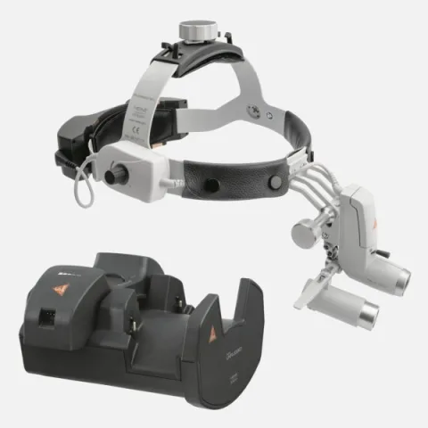 HEINE ML4 LED headlight, HRP 4x / 340 mm binocular loupe without S-GUARD protection, wall charger EN 50 UNPLUGGED, 2 mPack UNPLUGGED charging units. Set 9c.