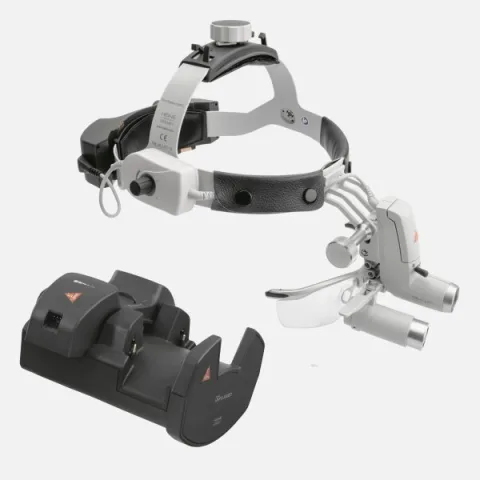 HEINE ML4 LED headlight, HRP 3.5x / 420 mm binocular loupe with S-GUARD protection, wall charger EN 50 UNPLUGGED, 2 mPack UNPLUGGED charging units. Set 8.
