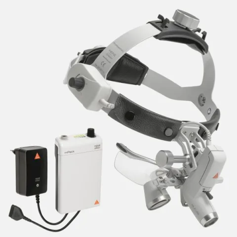 HEINE ML4 LED headlight, HR 2.5x / 520 mm binocular loupe with S-GUARD protection, mPack battery, mains adapter. Set 11.