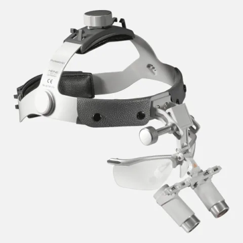 HEINE HRP 3.5x/4x/6x binocular loupe on S-GUARD splash-proof helmet