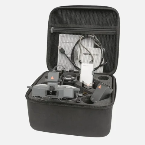 Indirect ophthalmoscope HEINE SIGMA 250 with S-FRAME, mPack mini charging unit, teaching mirror, blue and yellow filters, diffuser, case.