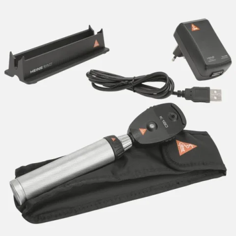 HEINE K180 direct ophthalmoscope 3.5 V with aperture wheel 2, rechargeable handle BETA4 USB, soft case.