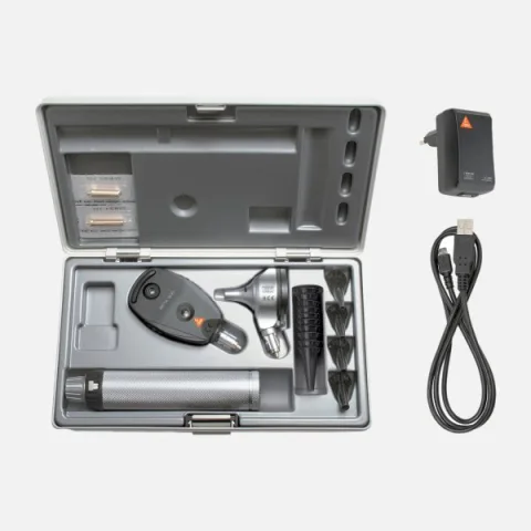 HEINE BETA 200 F.O. otoscope 3.5 V, BETA 200 direct ophthalmoscope 3.5 V, rechargeable handle BETA4 USB, specula, case