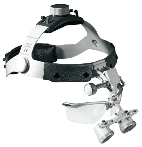 HEINE HR 2.5x binocular loupe on S-GUARD splash-proof helmet
