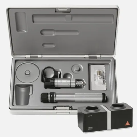 Portable slit lamp HEINE HSL150 3.5V, rechargeable handle BETA4 SLIM NT, desktop charger NT4, case.