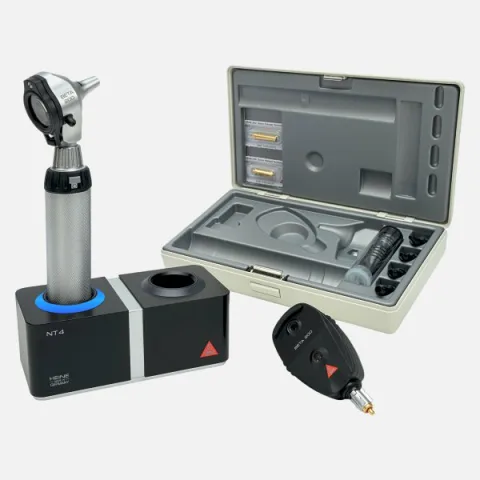 HEINE BETA 200 F.O. otoscope 3.5 V, BETA 200 direct ophthalmoscope 3.5 V, rechargeable handle BETA4 NT, NT4 desktop charger, specula, case