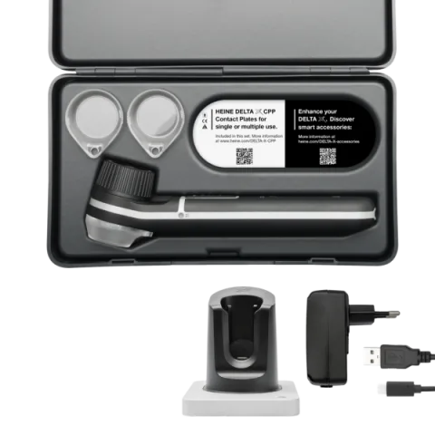 Dermatoscope HEINE DELTA X, HEINE X CS1 Single desktop charger, E4-USBC power adapter, polymer contact plate (3 pcs), case