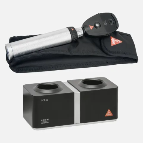 HEINE K 180 Direct Ophthalmoscope LED 3.5 V with Aperture Wheel 1, BETA 4 NT Rechargeable Handle, NT 4 Desktop Charger and Soft Case