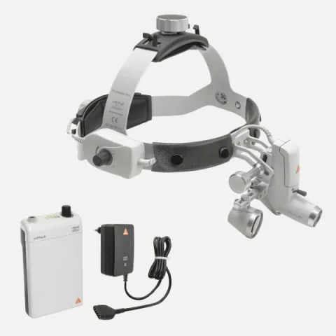 HEINE ML4 LED headlight, HR 2.5x / 340 mm binocular loupe without S-GUARD protection, mPack battery, mains adapter. Set 1c.