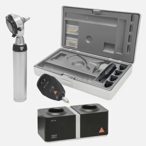 HEINE BETA 400 F.O. otoscope 3.5 V, BETA 200 direct ophthalmoscope 3.5 V, rechargeable handle BETA4 NT, NT4 desktop charger, specula, case