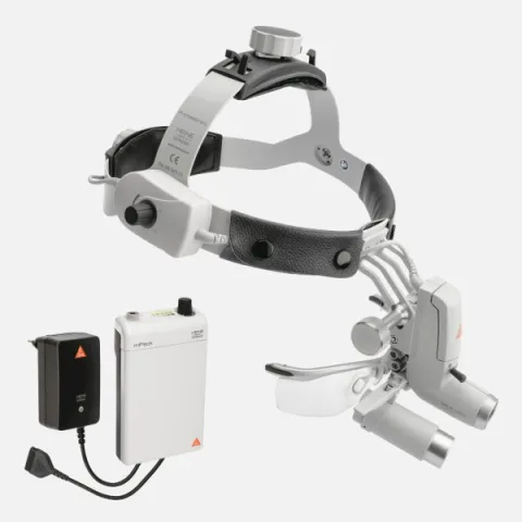 HEINE ML4 LED headlight, HRP 4x / 340 mm binocular loupe with S-GUARD protection, mPack battery, mains adapter. Set 4.