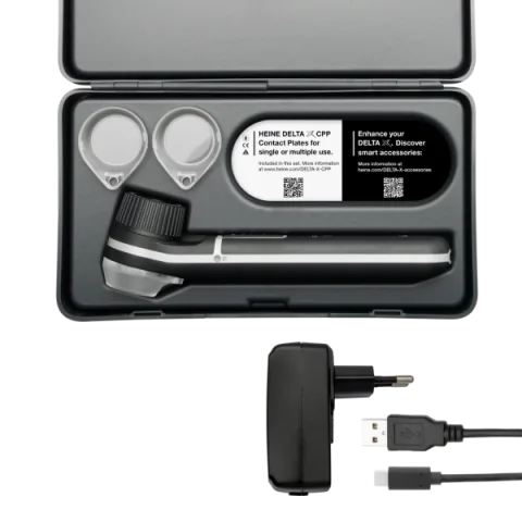 Dermatoscope HEINE DELTA X, E4-USBC power adapter, polymer contact plate (3 pcs), case