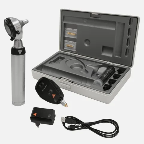 HEINE BETA 400 F.O. otoscope 3.5 V, BETA 200 direct ophthalmoscope 3.5 V, rechargeable handle BETA4 USB, specula, case