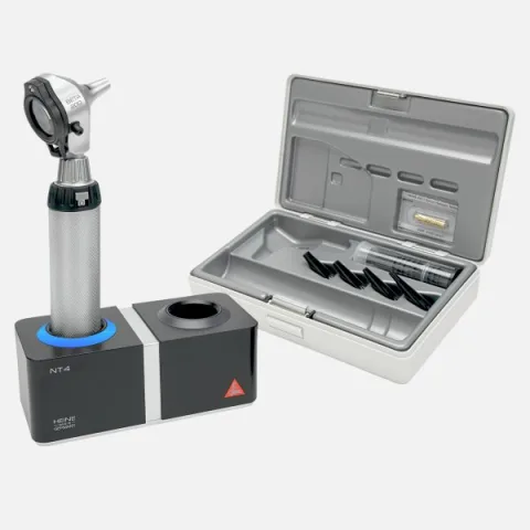 HEINE BETA 200 F.O. otoscope 3.5 V, rechargeable handle BETA4 NT, NT4 desktop charger, specula, case